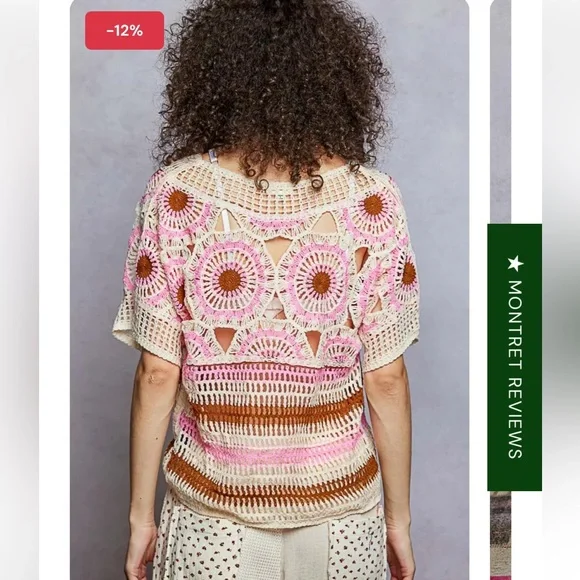POL boho weave pattern Crochet knit Pink and Brown Top one size - Picture 5 of 10